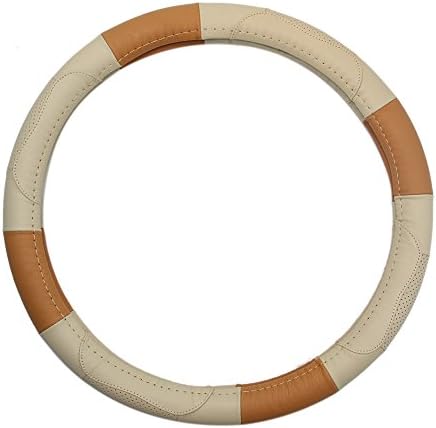 PLUS LIFE 38cm Cowhide Splicing Steering Wheel Cover Beige with Brown