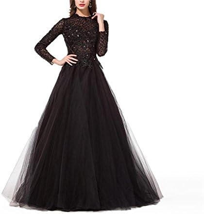 Qunvian Women's Long Sleeve Muslim Evening Dresses Tulle Formal Gowns