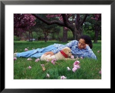 10-year-old Girl with Golden Retriever Puppy Framed Art Poster Print by Frank Siteman, 31x25
