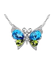 Blue Topaz & Peridot Butterfly Pendant Necklace 5.35 Carat (ctw) in Sterling Silver with Chain
