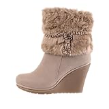 Damen Schuhe, STIEFELETTEN, BOOTS WARM GEFÜTTERT KEIL WEDGES, 7488-KA, Synthetik in hochwertiger Velour Leder Optik, Beige, Gr 39