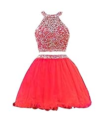 Open-Back Belted Beaded   Tulle Halter Homecoming Dress  With Rhinestones and Ruffles