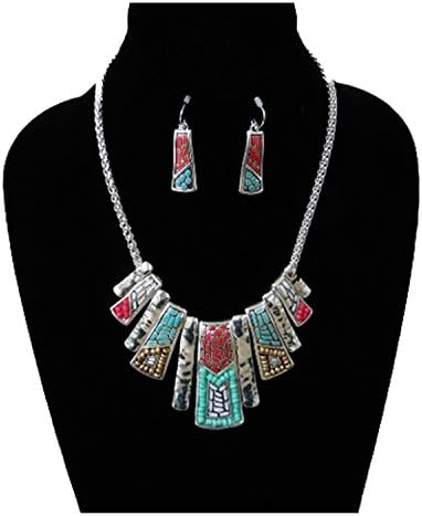 Mosaic Design Tribal Native American Style Southwest Silver Red &amp; Turquoise Bib Necklace and Earring Set