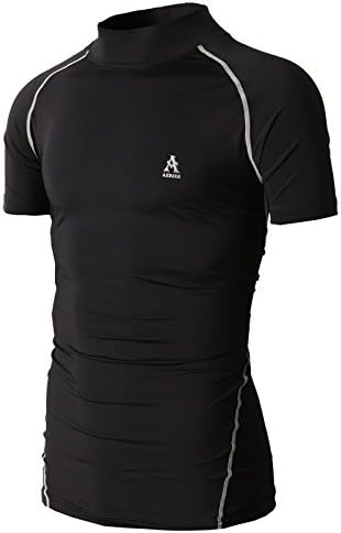AERIES Men's Skin Tight Shirts Turtle-Neck Compression Base Layer With Unbalanced Line BLACK US S/Asia L (KMTTS0294)