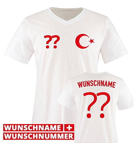 EM 2016 – TRIKOT – WUNSCHDRUCK – Herren V-Neck T-Shirt – Weiss / Rot Gr. M