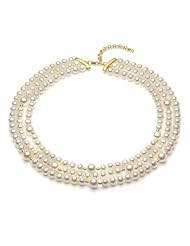 14k Yellow Gold 7.5gr, 6-7mm and 9-10mm 3 Rows Freshwater Pearl Necklace 16-17"+2" Extended Chain with 3mm Yellow Gold Beads.