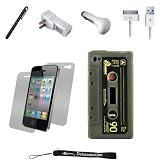 Silicone Cassette Shape Cover Skin Case for New Apple iPhone 4 ( 4th Generation 16GB 32GB - AT&T Only ) + Includes a USB Travel Car Charger, a USB Home Charger and a USB Data Sync Cable + Includes Anti Glare Screen Protector Guard and a Graphic Designer Stylus Pen to Navigate Device