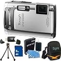 Olympus Tough TG-610 14MP Waterproof Shockproof Freezeproof Digital Camera (Silver) w/ 3.0" LCD, 5x Zoom, 720p HD Video, 3D Mode, and more. Kit Includes 8 GB Memory Card, Deluxe Carrying Case, Li-ion Battery, Tripod, Card Reader, and Lens Cleaning Kit.