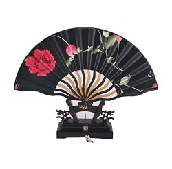 Curving Handle Folding Fan, Silk Hand Fan - Rose Printed, Gift Idea