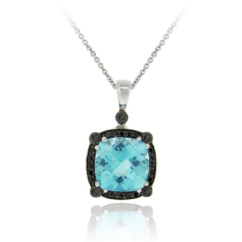 Sterling Silver 1/4 CT. TDW Black Diamond & 7.55 CT. TGW Blue Topaz Square Pendant