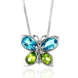 Blue Topaz and Peridot Butterfly Pendant in Sterling Silver with 18