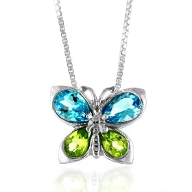 Blue Topaz and Peridot Butterfly Pendant in Sterling Silver with 18" Box Chain