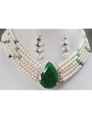 Exclusive 5 Strands Natural Graceful Pearl & Emerald Beaded Choker with 925 Sterling Silver Pear Emerald Clasp + Free Earrings