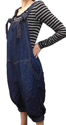 デニム オールインワン ゆったり 大きい サロペット つなぎ パンツ ひざ 下 ミディ 丈 カジュアル オーバーオール