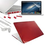 Skque Red Crystal Hard Transparent Cover Case + Silicone Port Dust Plug Cup + LCD Display Screen Protector Film + 3.5MM Earphone headset w/mic for Apple MacBook Pro 15 with Retina display