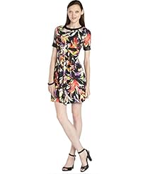 Pleated Short Sleeves Tropical Print Faux-Leather/Knit Round Neck  Dress