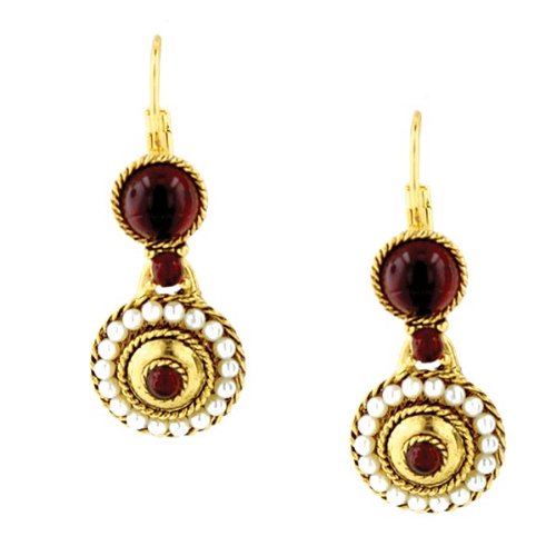 Antiquities Couture Garnet Hued &  Faux Pearl Lever Back Earrings