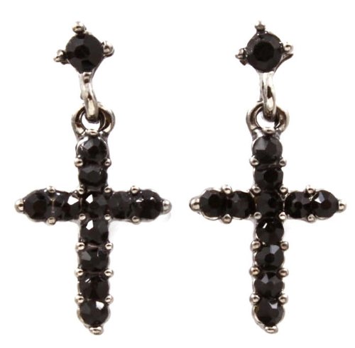 Adorable Small Jet Black Crystal Embellished Cross Drop Dangle Earrings for Girls, Teens and Womenw