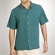Sandals Cay Men's Dark Green Tonal Leaf Silk Camp Shirt