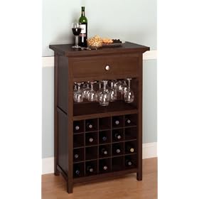 Walnut Finish Wine Cabinet with Drawer and Glass Holder by HFD
