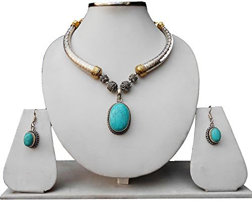 Silver Finish Pipe Necklace Set with a Blue Stone Pendant & Earrings