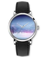 SPRAWL Aanalog Fashion Series Silver Ladies Watches of Genuine Black Leather Strap,Unique Wrist Watch for Women Girls Designed with Pine trees in the snow