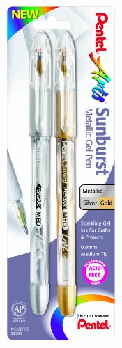 Pentel Arts Sunburst Metallic Gel Pen, Medium Line, Permanent, Gold and Silver Ink, 2 Pack (K908BPXZ)