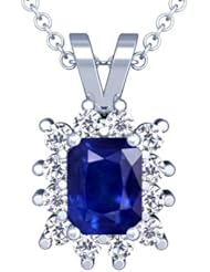14K White Gold Emerald Cut Blue Sapphire And Round Diamond Pendant