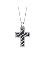 14k White Gold 0.44 Ctw Onyx and Diamond Cross Necklace