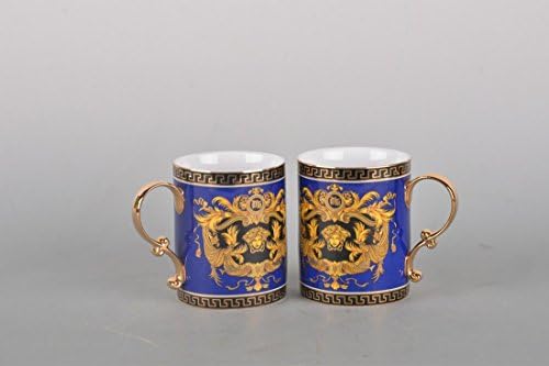 Amazing Porcelain Set of 2 Blue and Gold Coffee Cups Tea Mugs 13 Oz, Greek Pattern Medusa Design Gold-plated Ornament