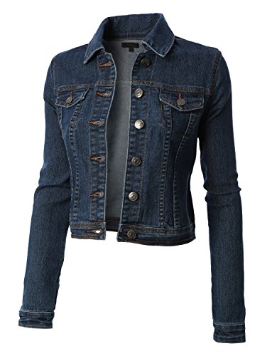 RubyK Womens Classic Cropped Long Sleeve Denim Jean Jacket with Pockets
