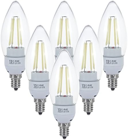 XinRui Lighting Sharp 4W LED Filament Candelabra Bulb - Not Dimmable - Cool White 6000K - E12 Base - Equivalent to 40W Incandescent Chandelier Bulb - 360 Degree Beam Angle-Pack of 6 units