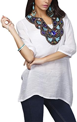 FANOVI Women's Bohemian Embroidered Loose Tunic Shirt Tops One Size White