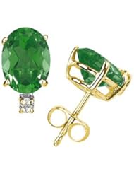 7X5mm Oval Emerald and Diamond Stud Earrings in 14K Yellow Gold