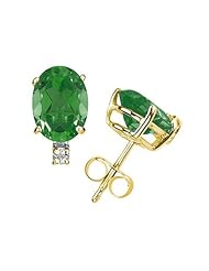 8X6mm Oval Emerald and Diamond Stud Earrings in 14K Yellow Gold