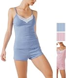 Soft Striped Cotton Pajamas Set w/ Adjustable Straps & Elastic Lace Detail