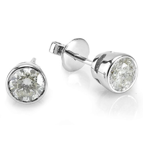 14K White Gold Round Diamond Bezel Set Studs Earrings 3/4 CT (0.75 cttw, H-I Color, I1-I2 Clarity)