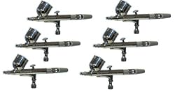 6 Pack Set of Multi-Purpose Precision Dual-Action Gravity Feed Airbrushes