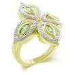 Two Tone 14kt Gold-Bonded Four-sided Marquise Clover Flower Ring with Inlaid Aqua Crystals and Milligrain Rhodium Accented Trim (Sizes 5-10)