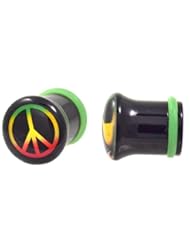 Jewelry: Pair of Rasta Peace Sign Logo Plugs Single Flared Acrylic Ear Gauges - 1/2 Inch (1/2"-12mm)