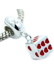 .925 Sterling Silver " Dice w/Red heart Dangle " Charm Bead Compatible with Pandora Chamilia Kay Troll Bracelet