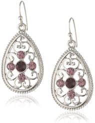 1928 Jewelry "Violet" Silver-Tone Amethyst Filigree Teardrop Earrings