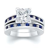 2.75 CT PRINCESS DIAMOND W ROUND BLUE SAPPHIRE RING SET