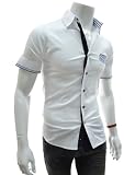 TheLees (AL210) Mens Casual Slim Fit Pin Stripe Patched Pocket Stretchy Short Sleeve Shirts White Large(US Small)