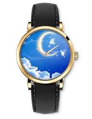 SPRAWL Aanalog Fashion Series Gold Ladies Watches of Genuine Black Leather Strap,Unique Wrist Watch for Women Girls Designed with Moon and clouds