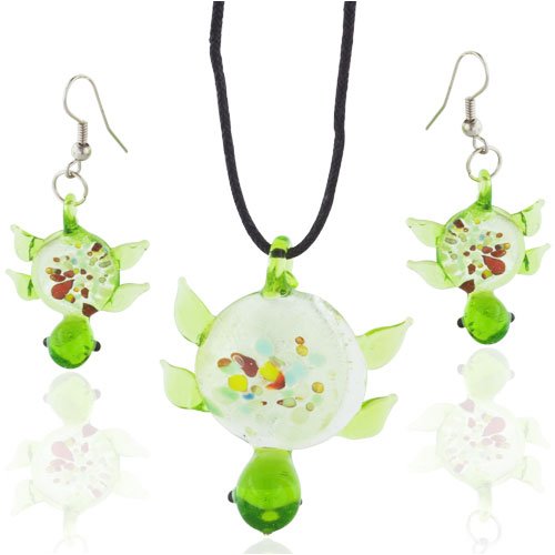 Childrens Toyshop  Jewelry : Green Multicolor Turtle Murano Glass Earrings Set