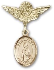 14K Gold Baby Badge with St. Alice Charm and Angel with Wings Badge Pin