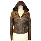 Bernardo Womens Size L Brown Distressed Faux Leather Hooded Jacket