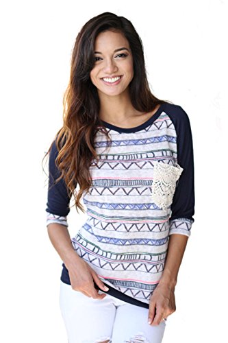 MIXMAX Women Ethnic Splice Contrast Color Geometry Print 3/4 Sleeve Raglan T Shirt Tops (Large, Dark blue)