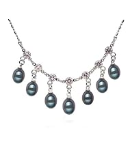 Blue Pearls - 7 Pearl and Cz Stone Black Necklace - BPS 1006 O Noir
